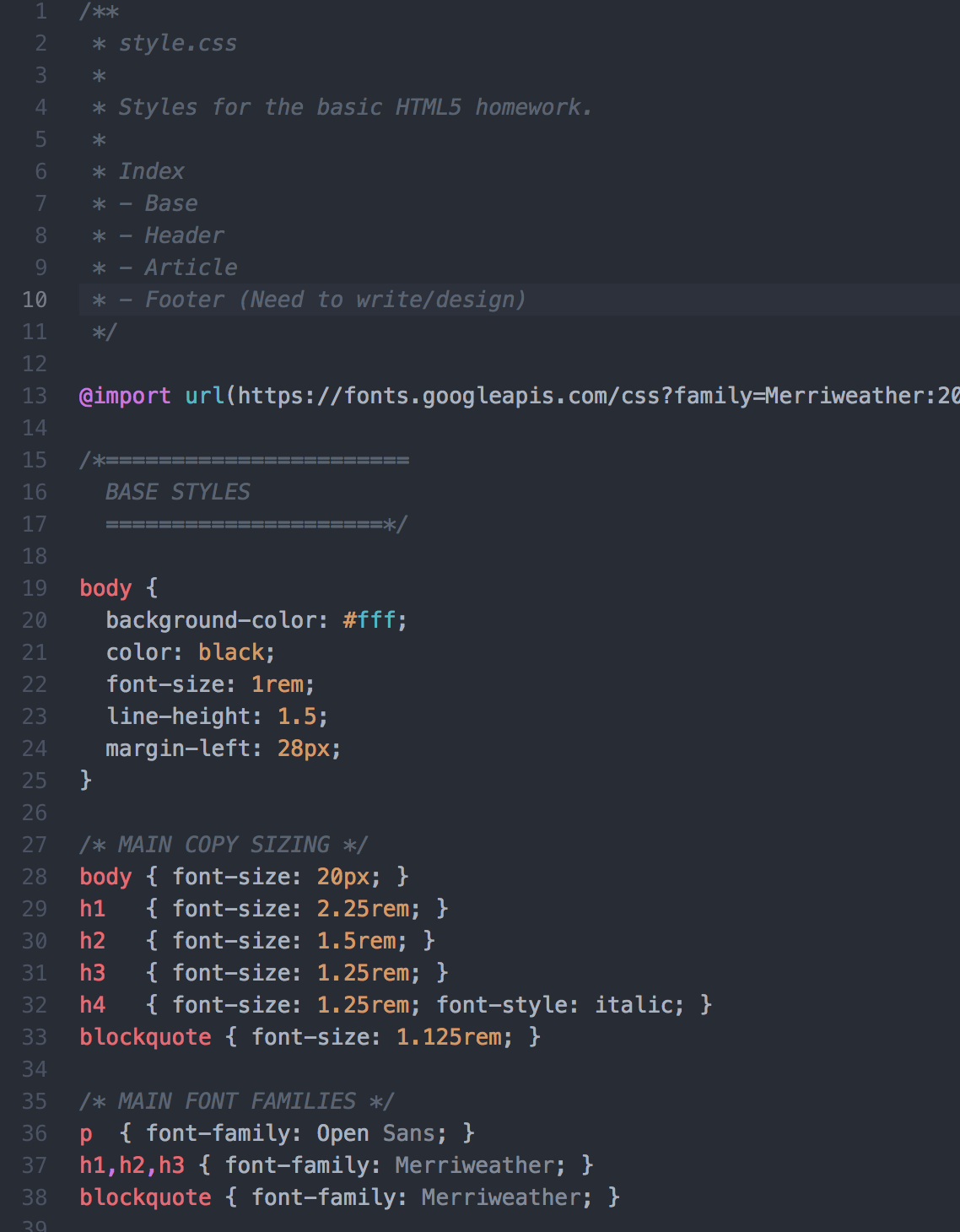 Screenshot og basic CSS documentation scheme with comments.